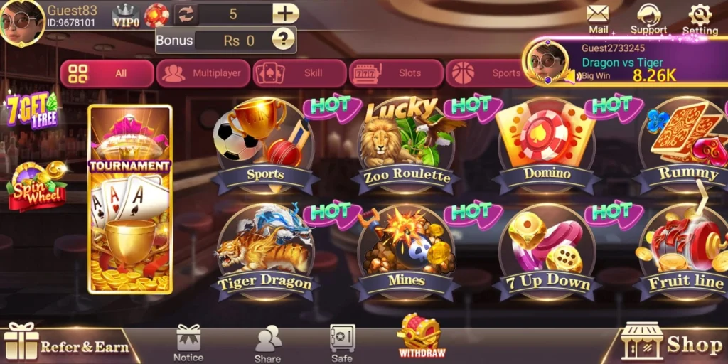 3 Patti Blue gameplay showing game lobby with Mines, Rummy, Dragon Tiger and Sports options